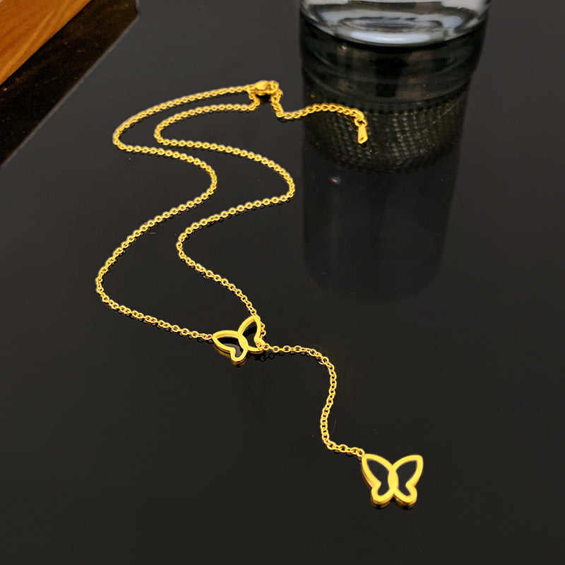 Vintage Gold Plated Butterfly Titanium Steel Necklace Adjustable Collarbone Chain Unisex