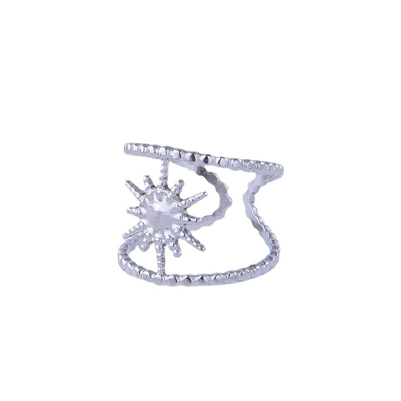 Anillo abierto ajustable de acero de titanio con forma geométrica de sol vintage para mujer con acabado chapado