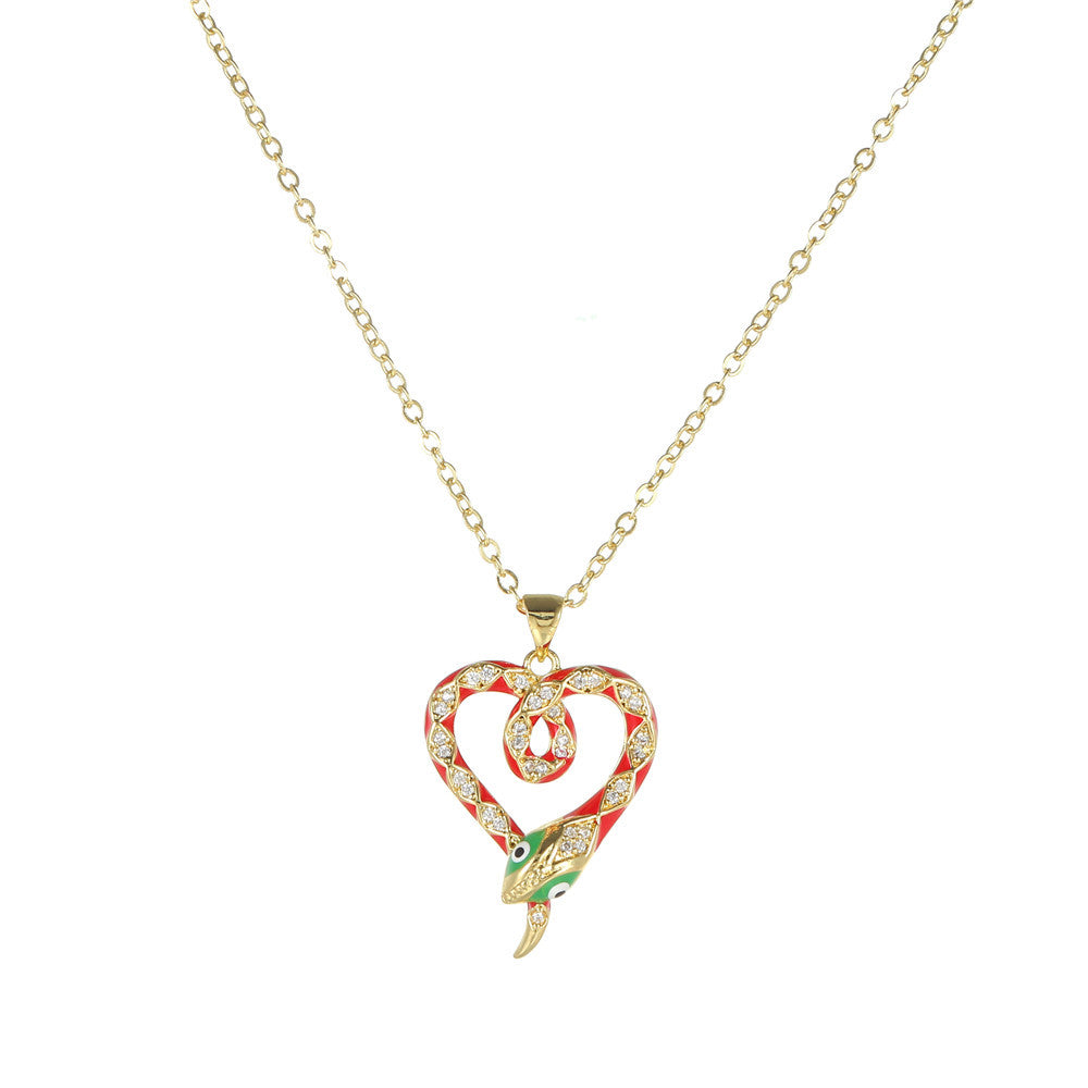Luxury Elegant Snake Geometric Brass Drip Oil Cubic Zirconia Pendant Necklace Cable Chain for Women