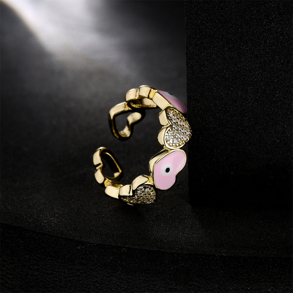Casual Gold Drip Oil Heart Geometric Brass Ring with Cubic Zirconia for Women
