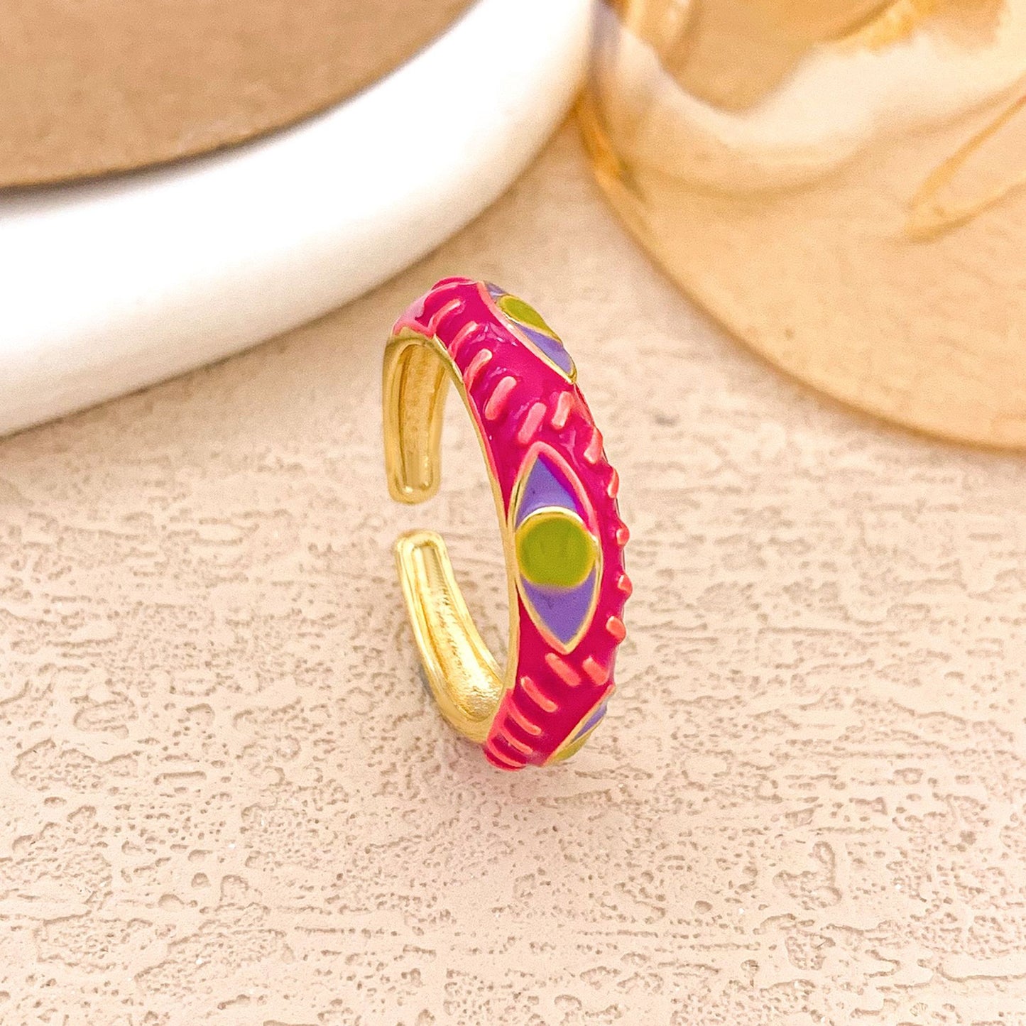 Sweet Alloy Gold Plated Drip Oil Round Oval Ring with Polka Dot Evil Eye Design for Women