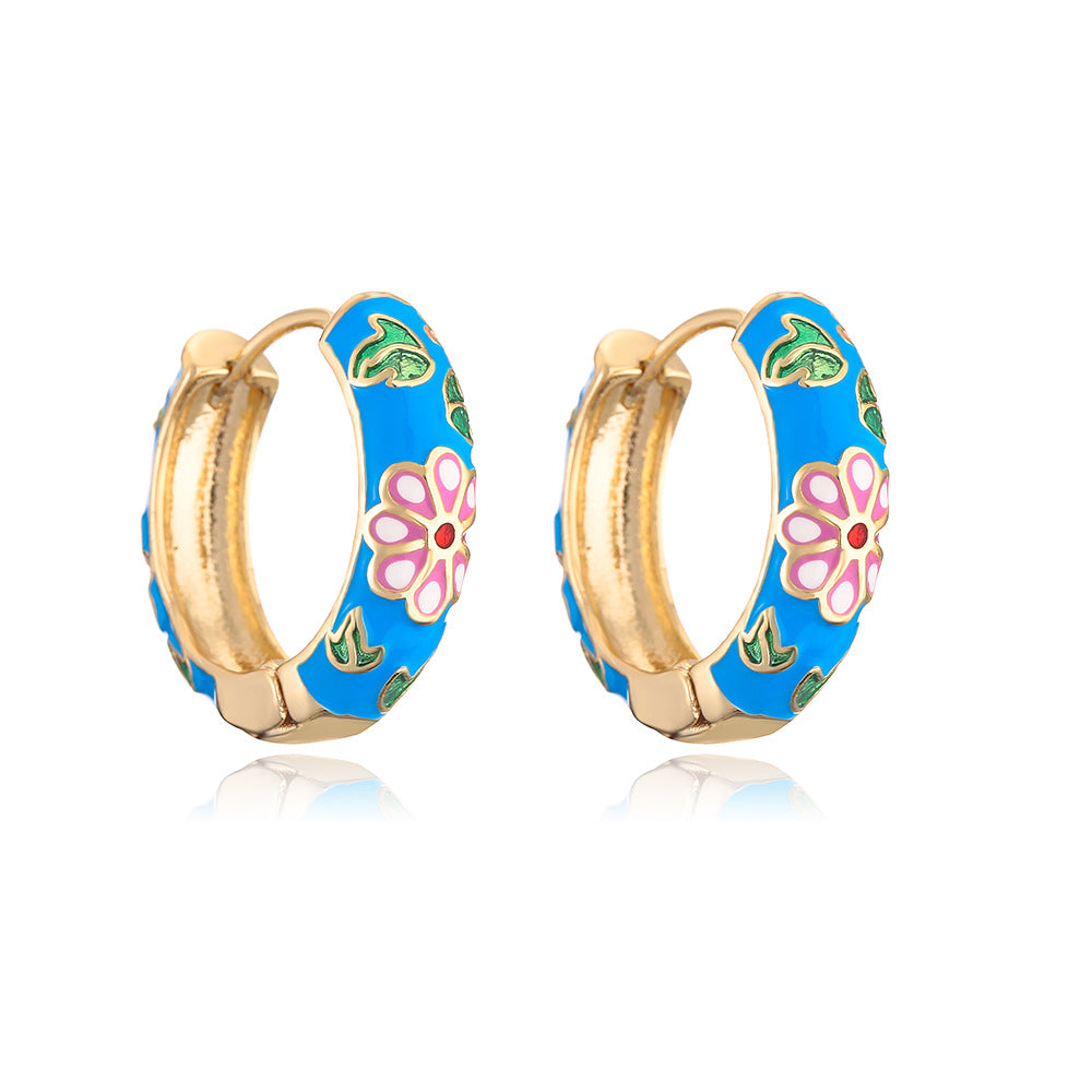 Minimalist Geometric Copper Hoop Earrings with 18K Gold Plating and Floral Enamel Accents for Women