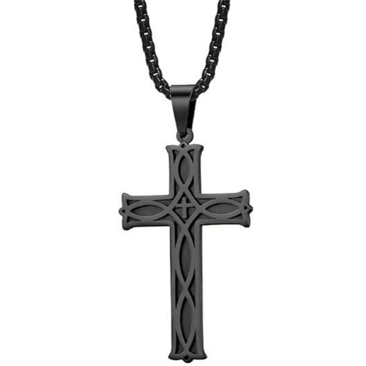 Minimalist Celtic Knot Cross Pendant Necklace for Men in Stainless Steel with Polished Titanium Steel Charm on Pearl Chain