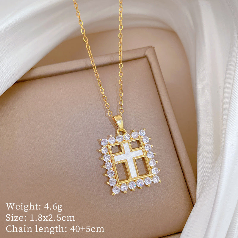 Sweet Minimalist Cross Micro-Inlaid Cubic Zirconia Brass Pendant Titanium Steel Necklace for Unisex