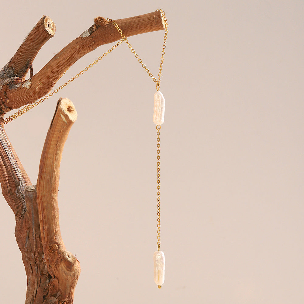 Minimalist Geometric Stainless Steel Plated 18K Gold Long Pearl Tassel Necklace for Women