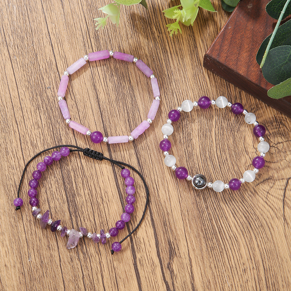 Geometric Amethyst Cat's Eye Stone Bracelet Set