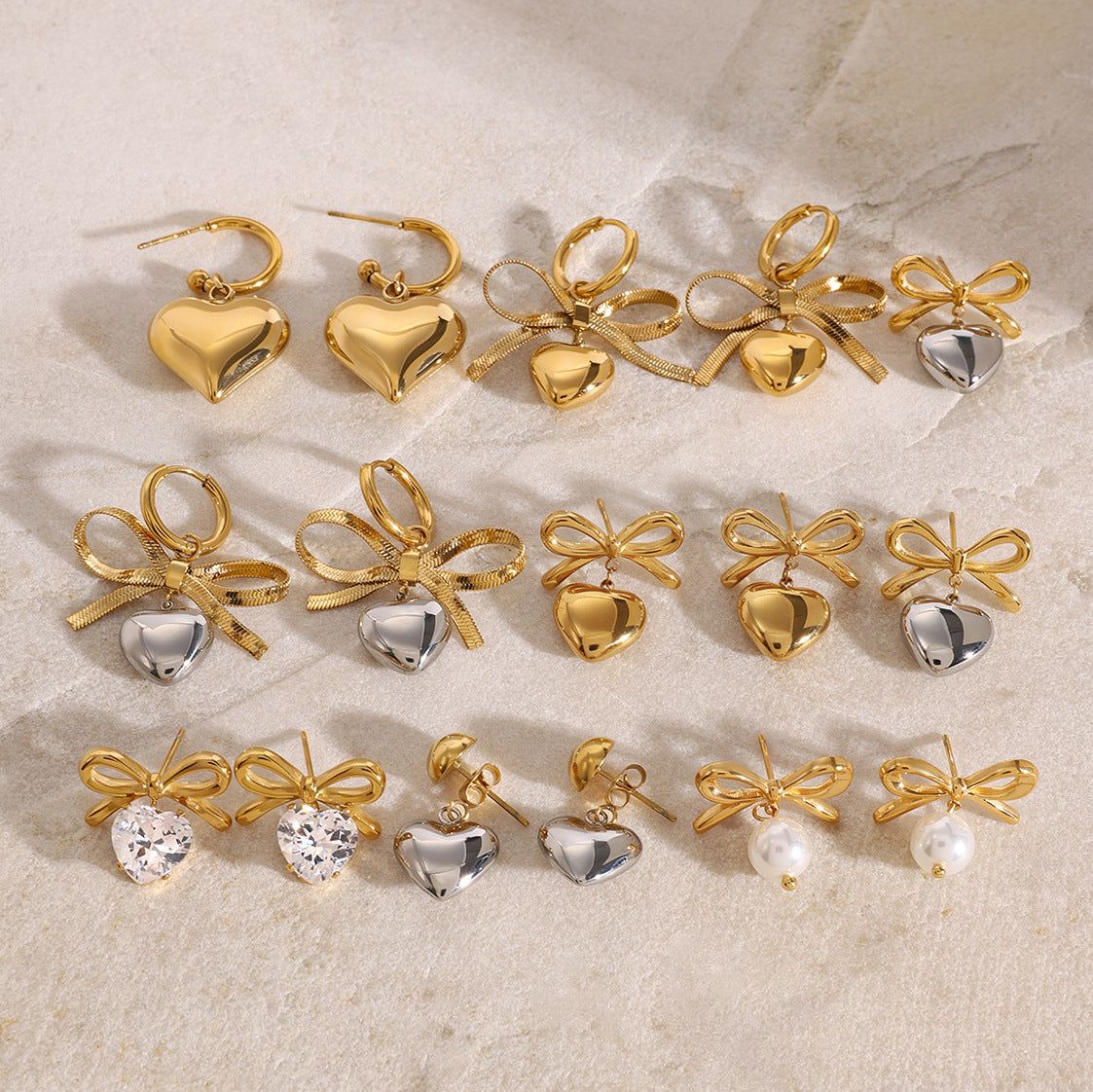 Elegant Heart Bow Stainless Steel Stud Earrings with Cubic Zirconia Plated Finish for Women
