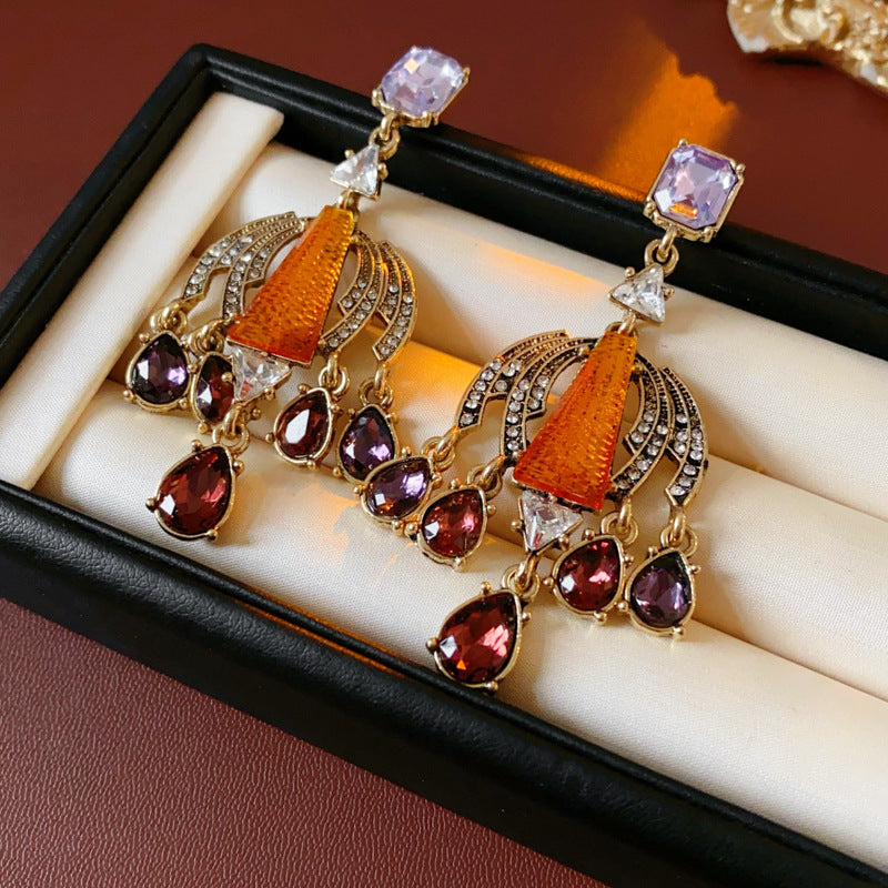 Vintage Drip-Shaped Geometric Alloy Earrings with Rhinestone Inlay, Stainless Steel Post, Elegant Court-Inspired Luxury Ear Jewelry for Women