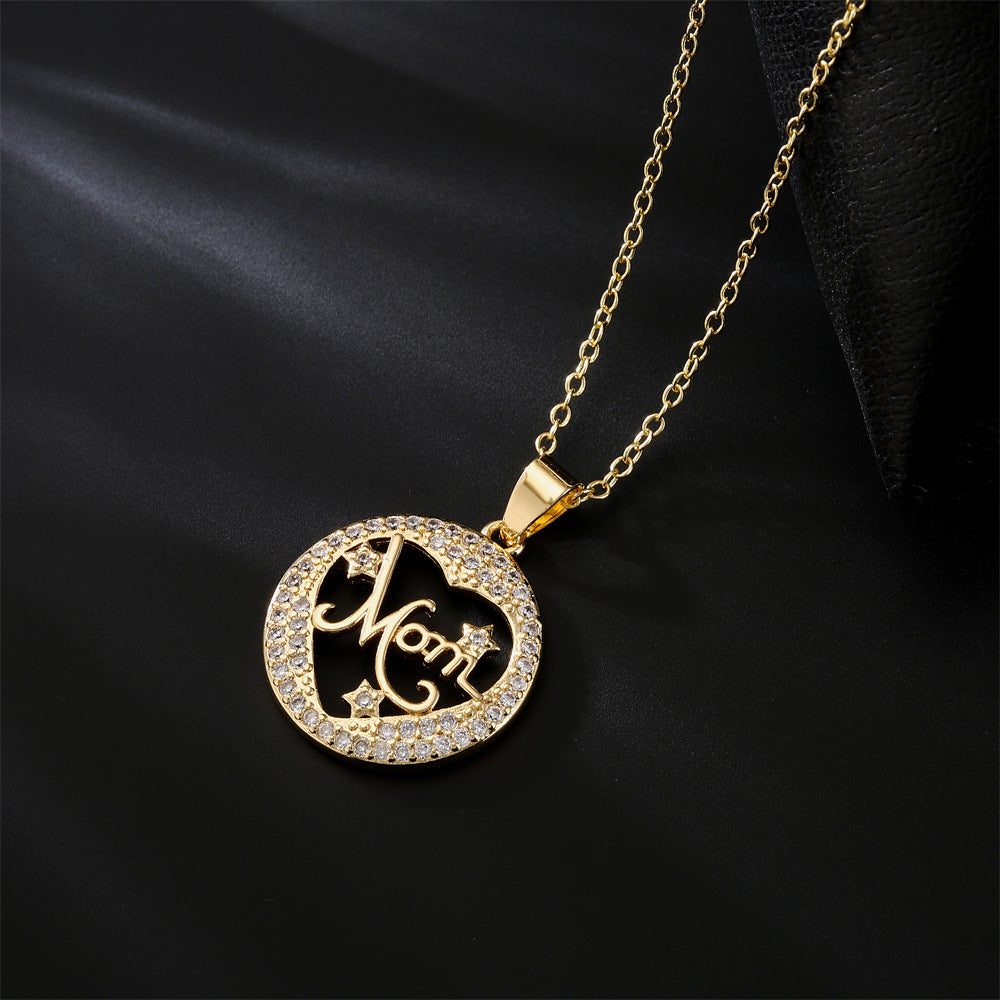 Minimalist MOM Pendant Necklace in Copper with 18K Gold Plating and Zircon Inlay for Women