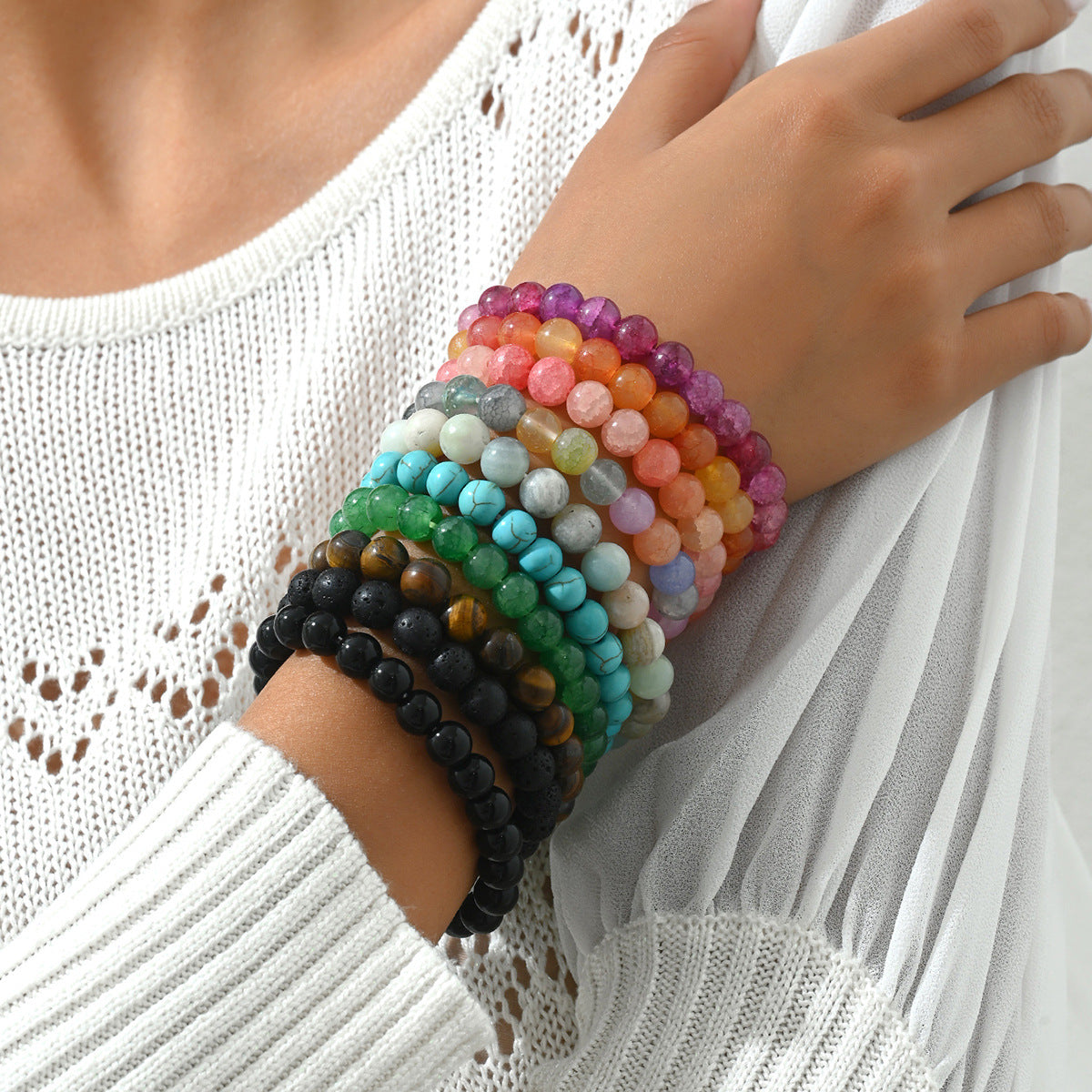 Geometric Fashion OL Women's Beaded Bracelet Set with Natural Stones Handcrafted for Versatile Styling