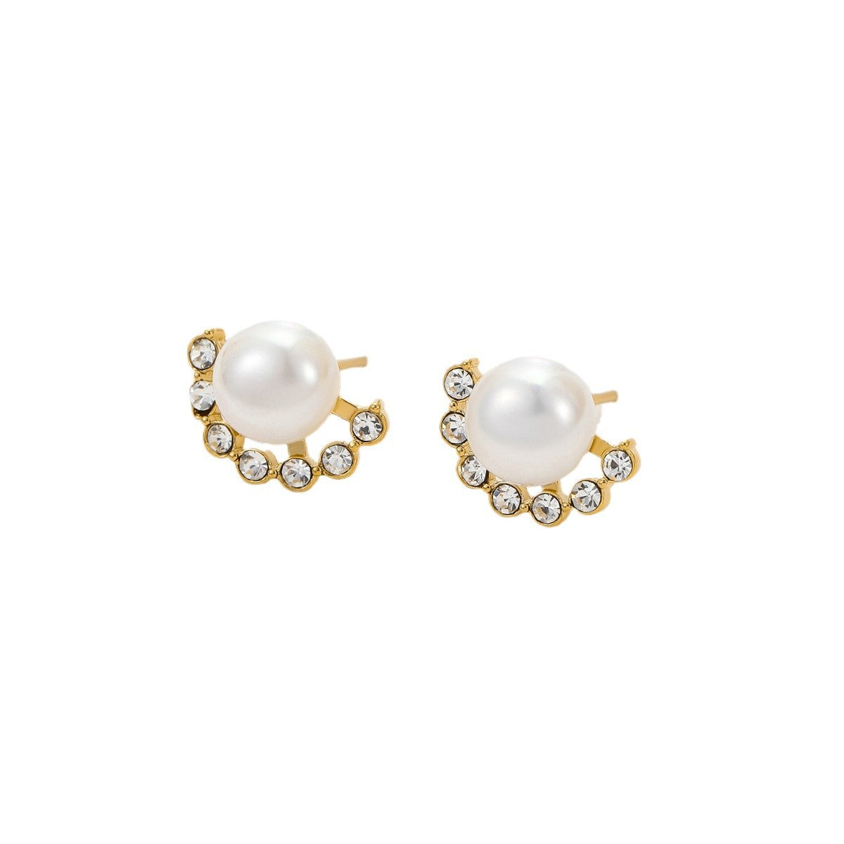 Pendientes de Acero de Titanio para Mujer con Perlas e Incrustaciones de Circonita, Estilo Francés Minimalista y Forma de Abanico
