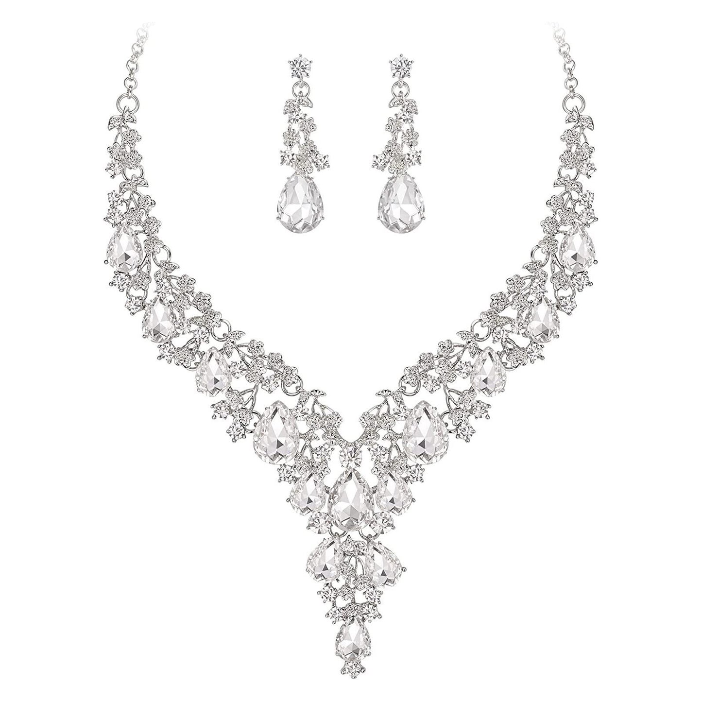 Fashion OL Waterdrop Pendant Necklace and Earrings Set for Women with Rhinestone Inlay on O-Chain for Wedding Evening Gown Formal Occasions