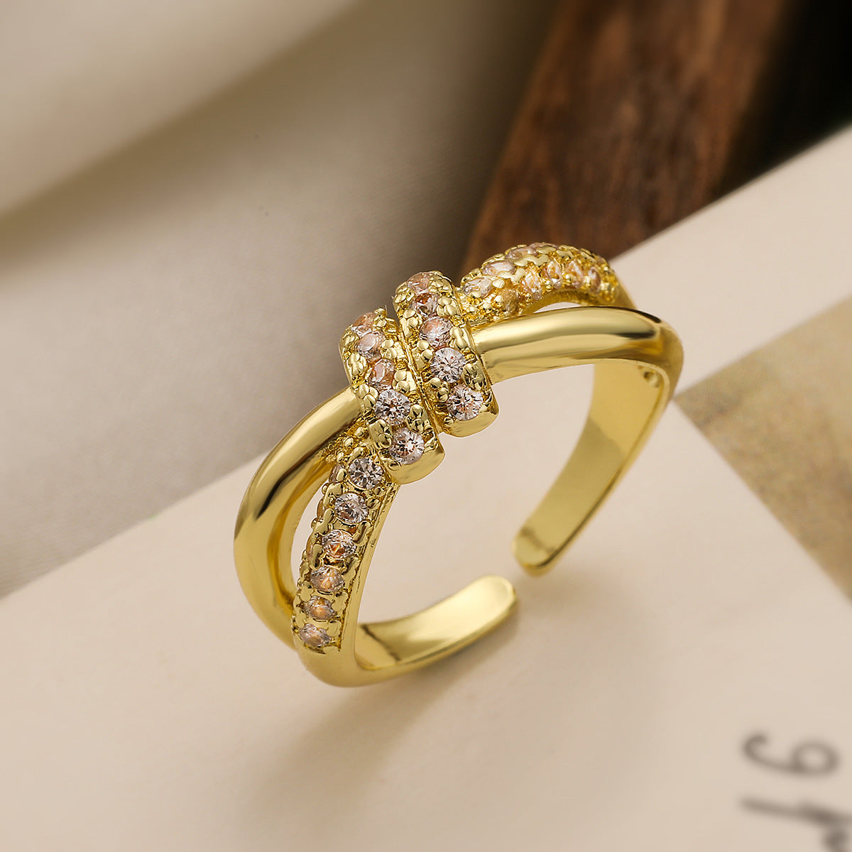 Minimalist Elegant 18K Gold Plated Brass Geometric Micro-Inlaid Cubic Zirconia Open Ring for Women