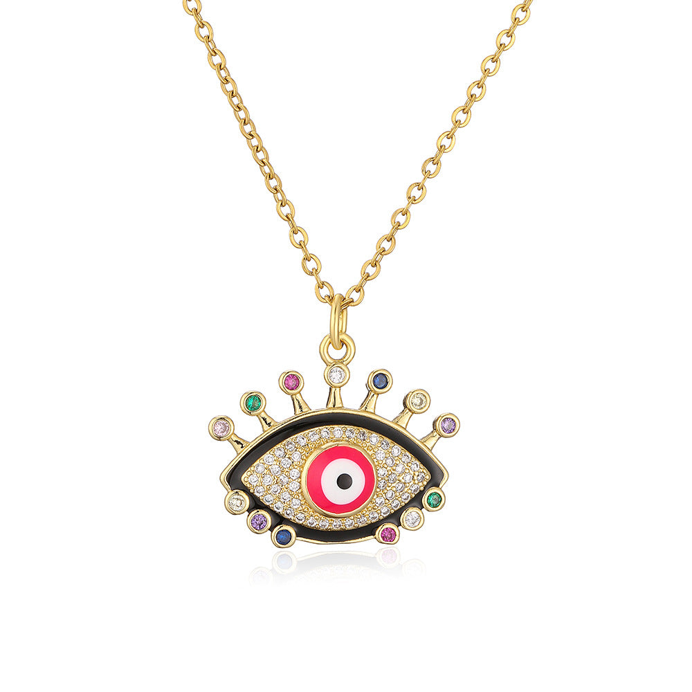 Minimalist Geometric Evil Eye Pendant Necklace for Women with Copper Base and Gold Plating, Enamel Finish and Zircon Inlay