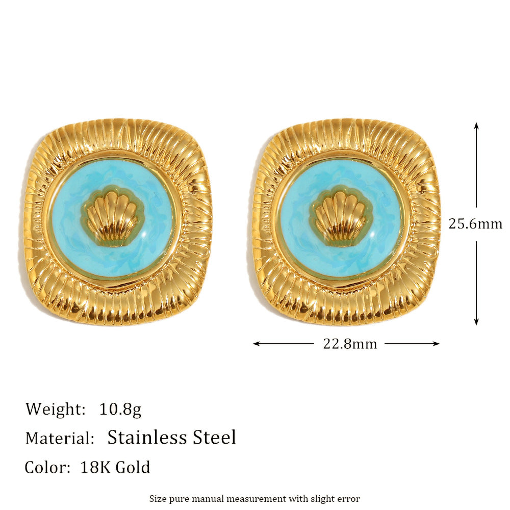 Vintage-Style Square Shell Stud Earrings and Open Ring Set in Stainless Steel with 18K Gold Plating and Enamel Finish for Women