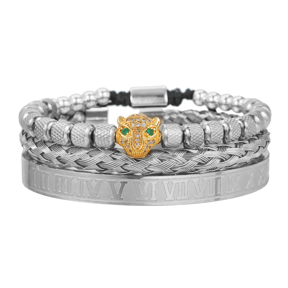 Vintage Geometric Leopard Head Micro-inlaid Cubic Zirconia Woven Stainless Steel Bracelet Set