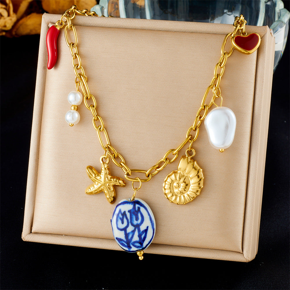 Stainless Steel Plated Star and Shell Pendant Necklace with Cable Chain for Women