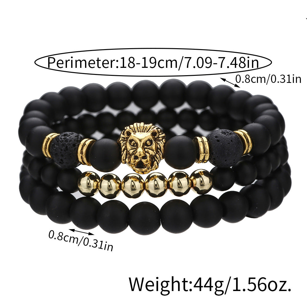 Matte Black Volcanic Stone Beaded Bracelet Set with Geometric Lion Head Charm