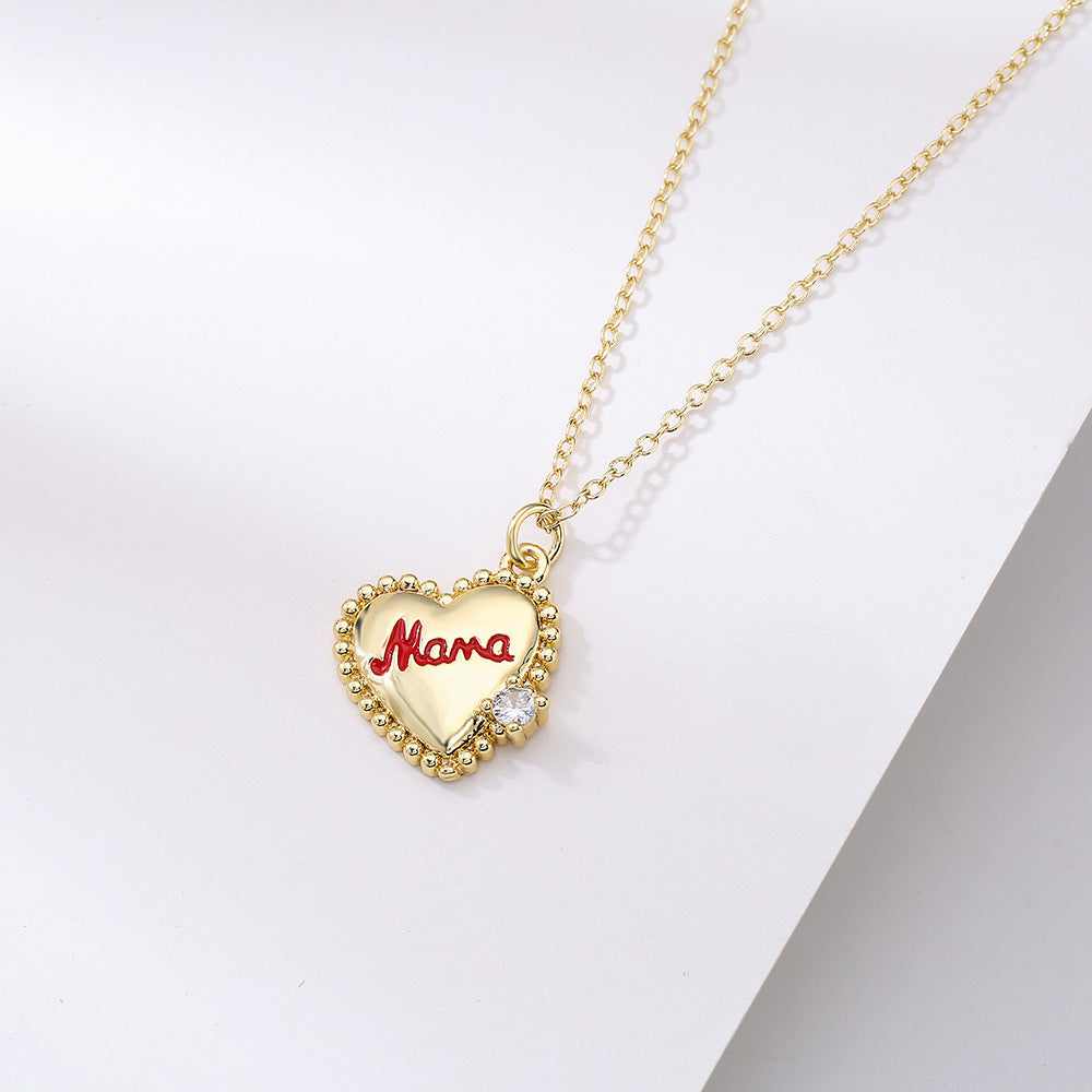 Minimalist MAMA Heart Pendant Necklace for Women with Copper Base Plated in 18K Gold and Zircon Inlay