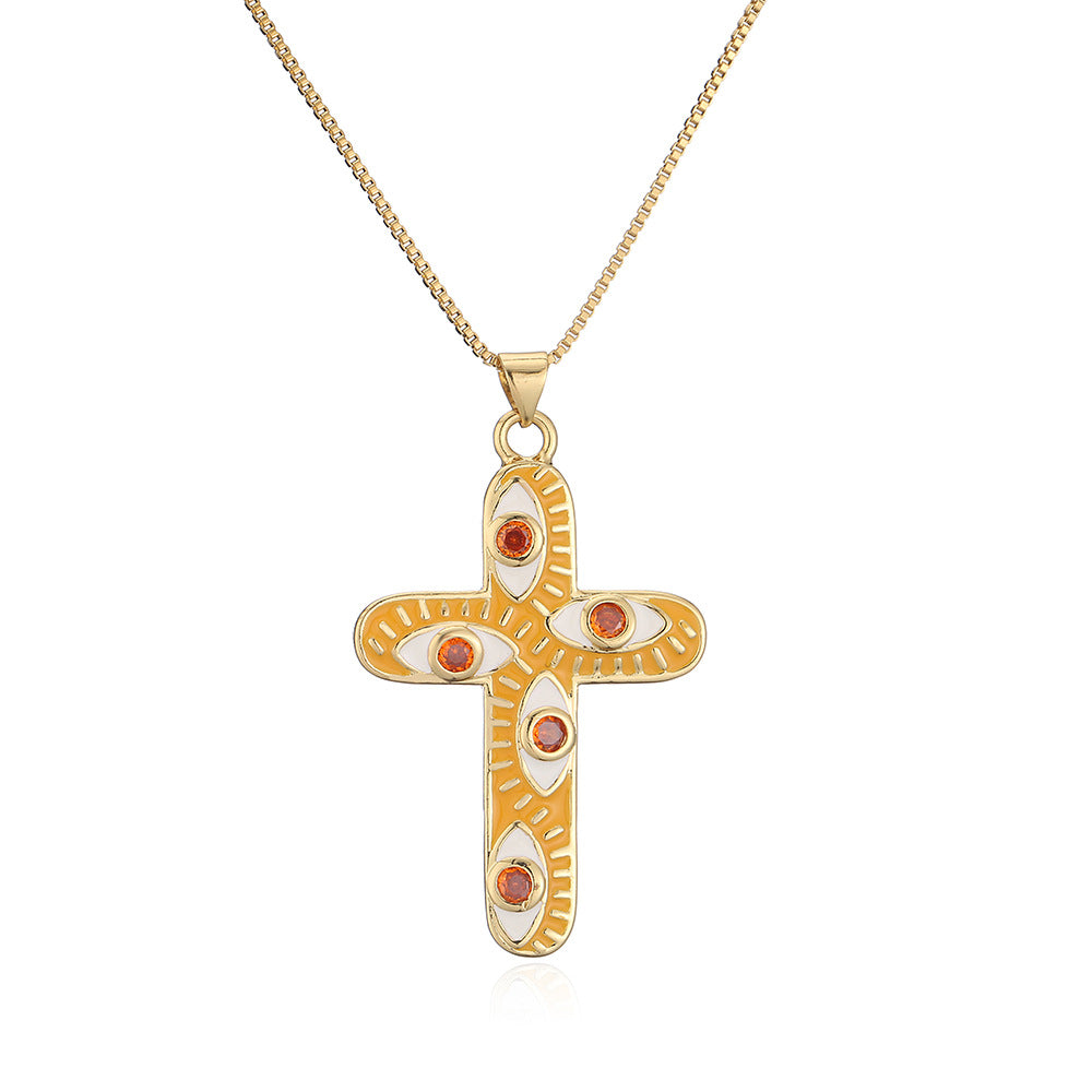 Geometric Pendant Necklace for Women with Copper Base Plated in 18K Gold and Enamel-Finished Zirconia Eye Detail