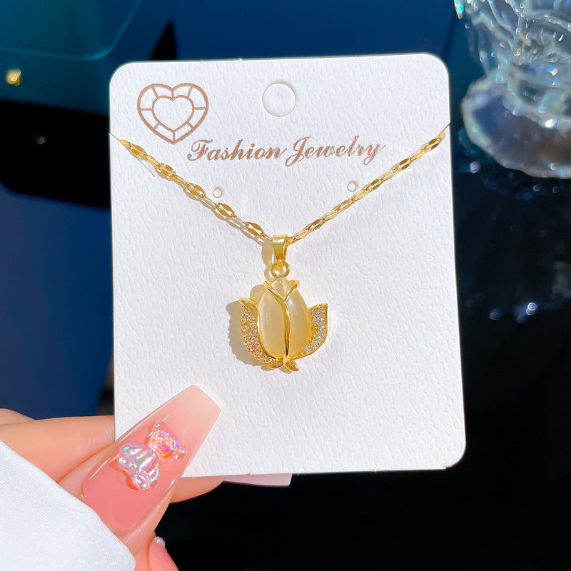 Cartoon Style Tulip-Shaped Titanium Steel Necklace with Genuine Gold Inlay for Women