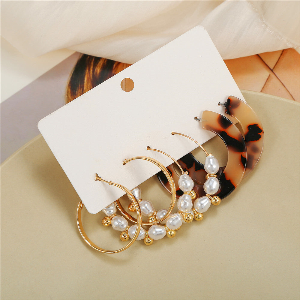 Geometric Leopard Print Acrylic and Alloy C-Shaped Hoop Earrings Set for Women