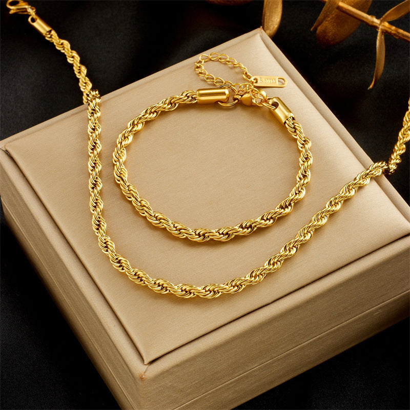 Set Collana E Bracciale A Catena Intrecciata In Acciaio Al Titanio, Finitura Galvanica, Design Minimalista Vintage