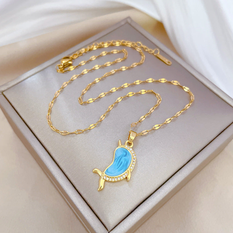 Luxury Dolphin Pendant Necklace for Women with Enamel Finish and Rhinestone Inlay on Titanium Steel Chain