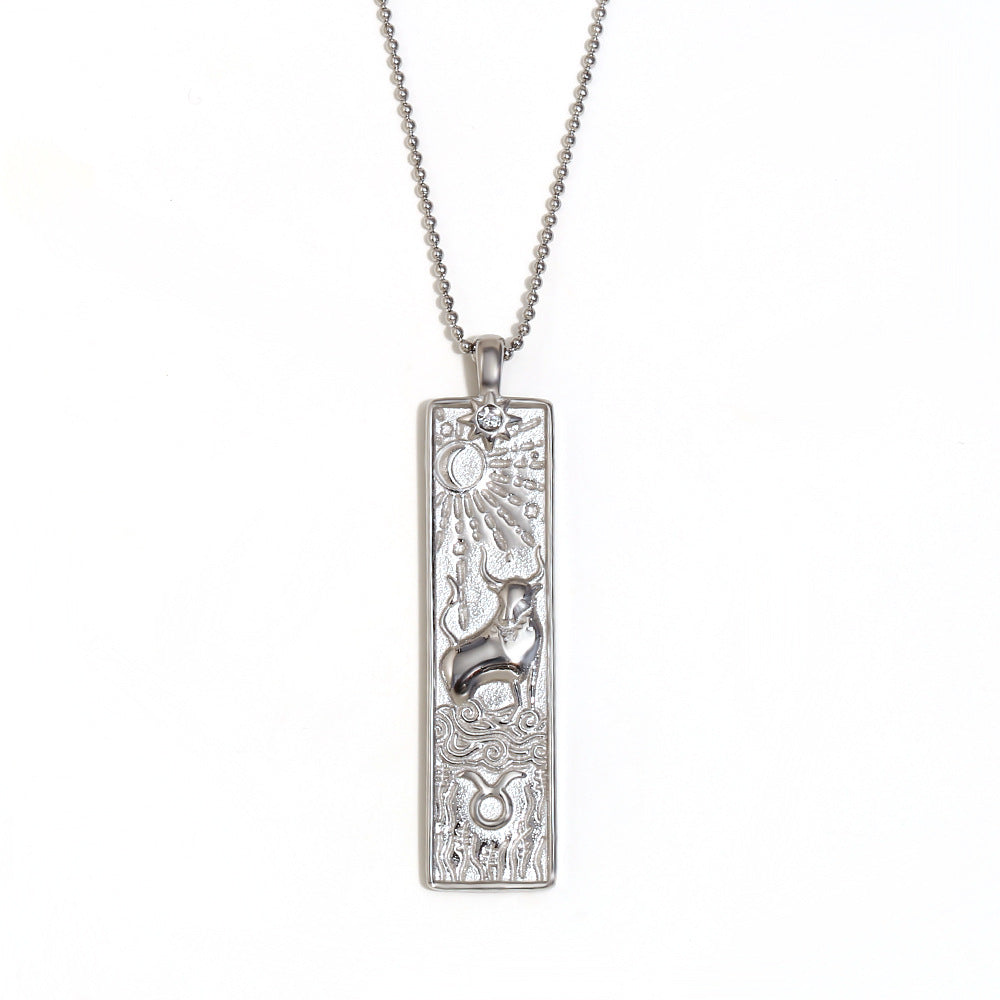 Vintage Geometric Zodiac Pendant Necklace for Women Stainless Steel with 18K Gold Plating Square Charm