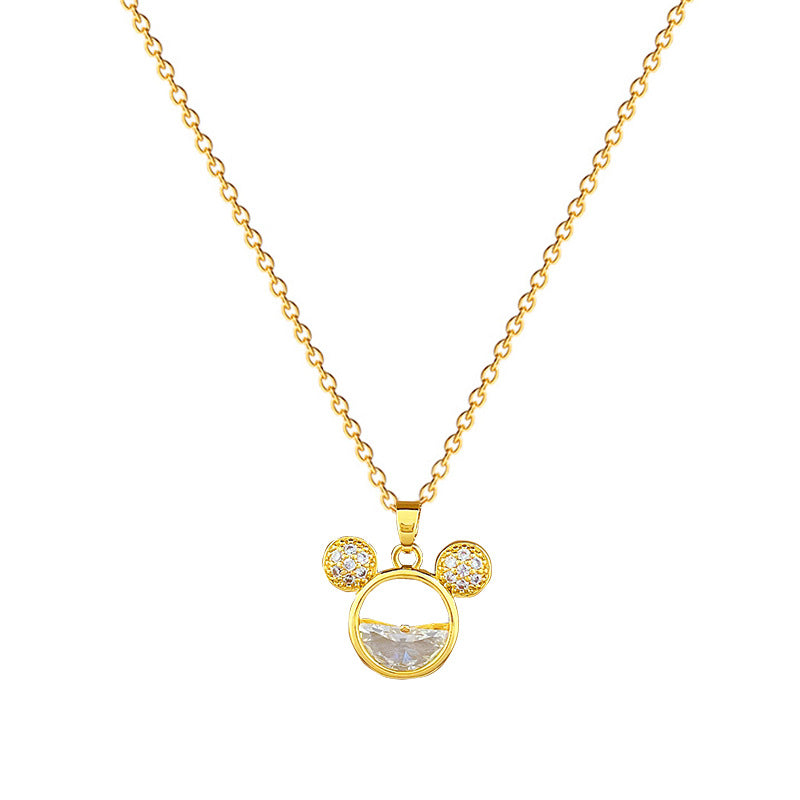 Minimalist Geometric Mouse Head Pendant Necklace and Earrings Set in Titanium Steel with Rhinestone Inlay and Plated Finish for Women