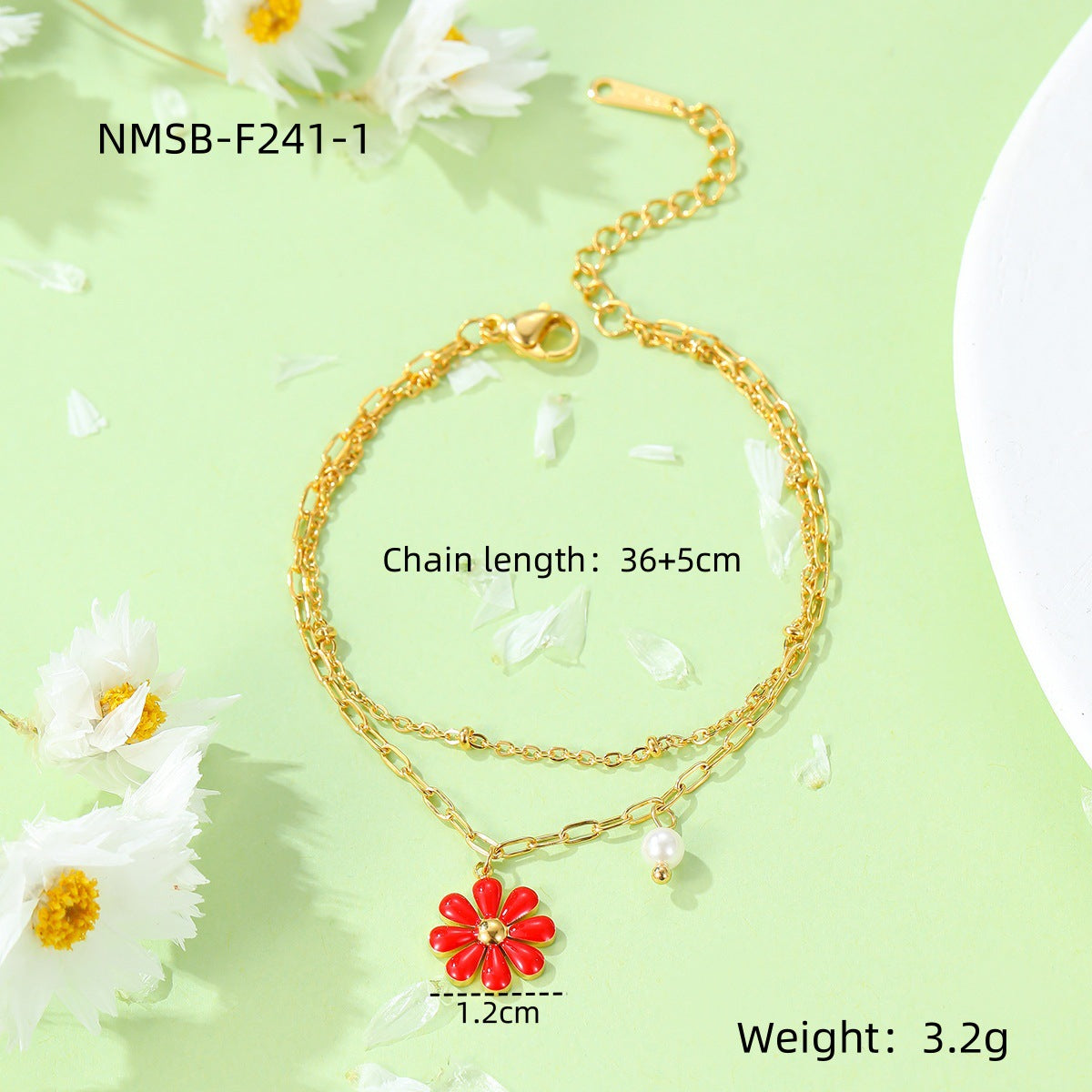 Sweet Minimalist 18K Gold Plated Titanium Steel Daisy Pearl Enamel Bracelet for Women