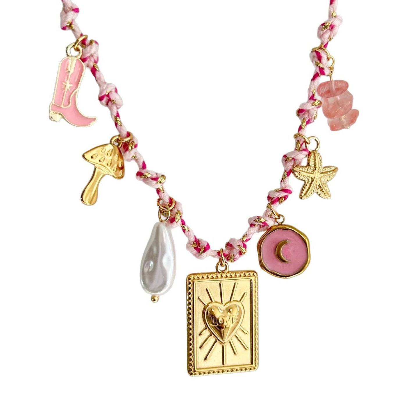 Minimalist Star Pearl Heart Pendant Necklace in Titanium Steel with Plated Finish on Colorful Dopamine Cord