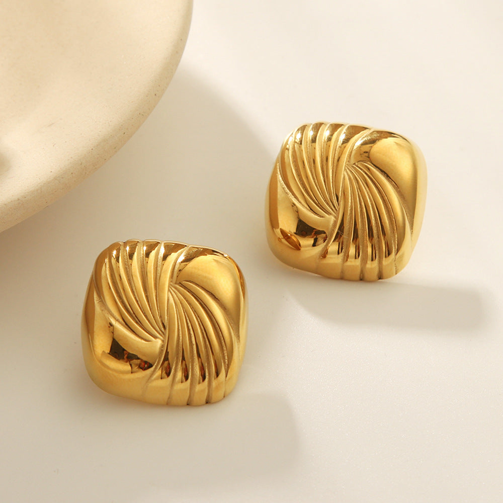 Geometric Square Titanium Steel Earrings with 18K Gold Plating and Wavy Texture for Women