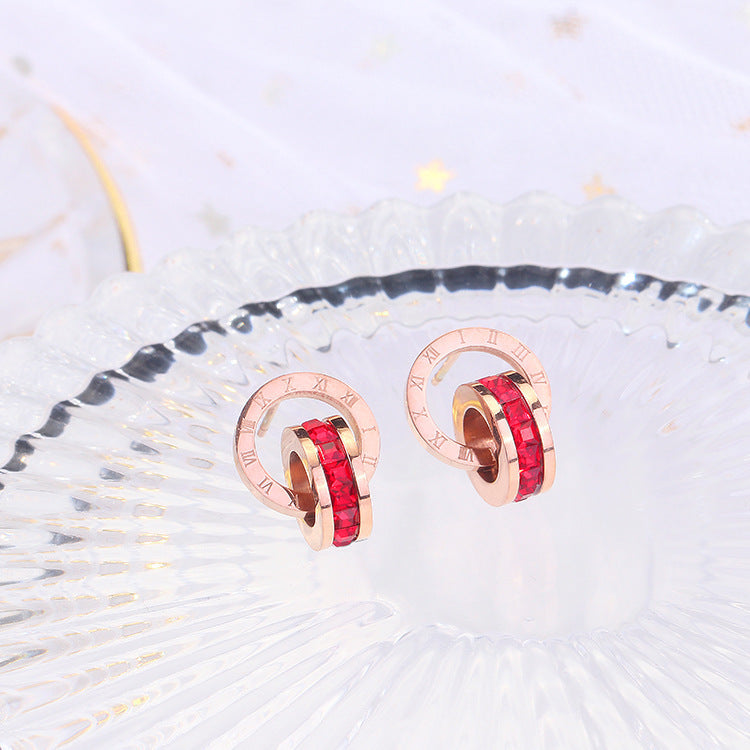 Geometric Double-Hoop Rose Gold Plated Titanium Steel Stud Earrings for Women with Rhinestone Accents