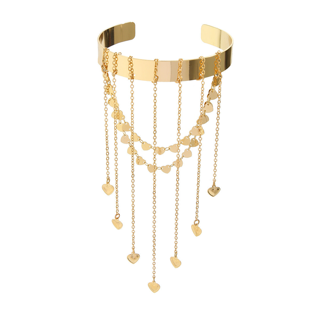 Bracciale da braccio stile bohémien con ciondoli a cuore e stella, nappe e dettagli a catena, da donna