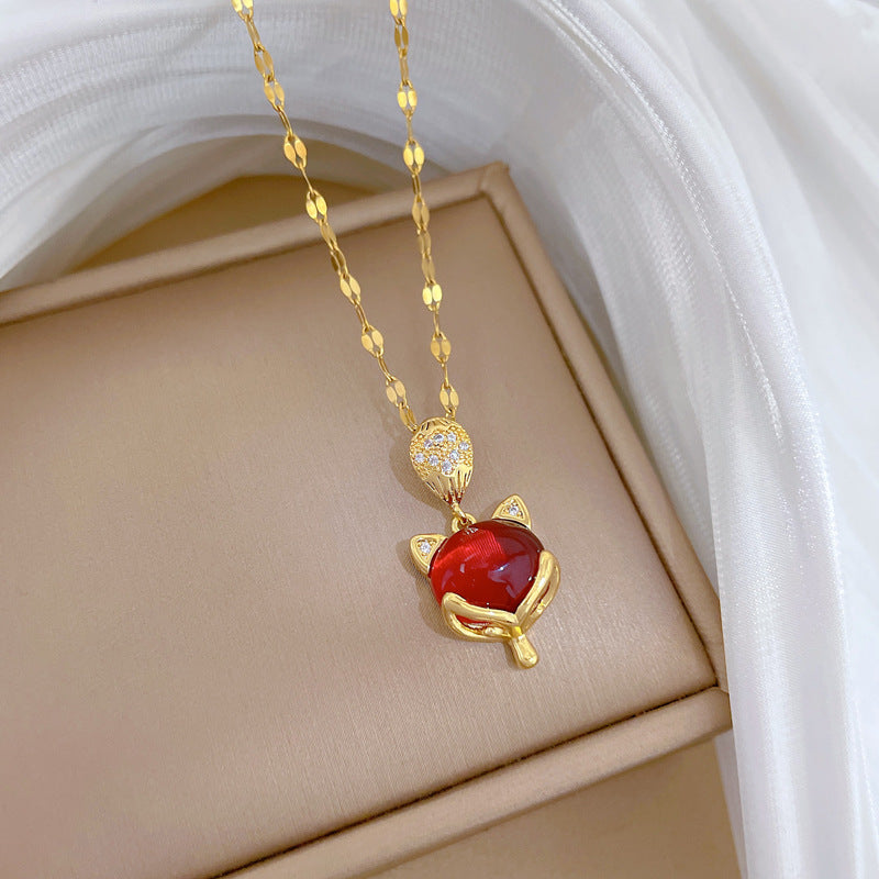 Sweet Red Gemstone Fox Pendant Full Rhinestone Titanium Steel Necklace Cable Chain