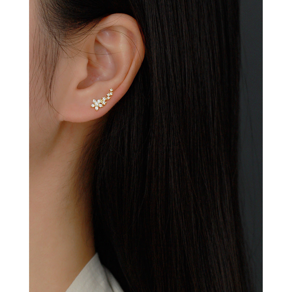 Sweet Floral Design 925 Sterling Silver Stud Earrings with Rhinestone Accents for Women