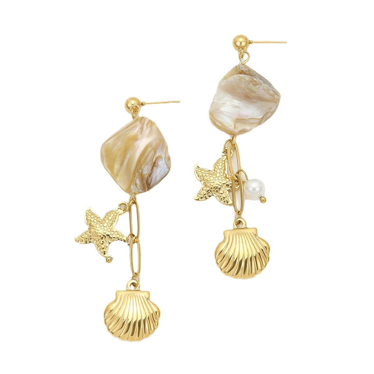 Pendientes de acero de titanio con forma de concha y estrella de mar estilo vacaciones con acabado chapado y detalles de perlas colgantes para mujer