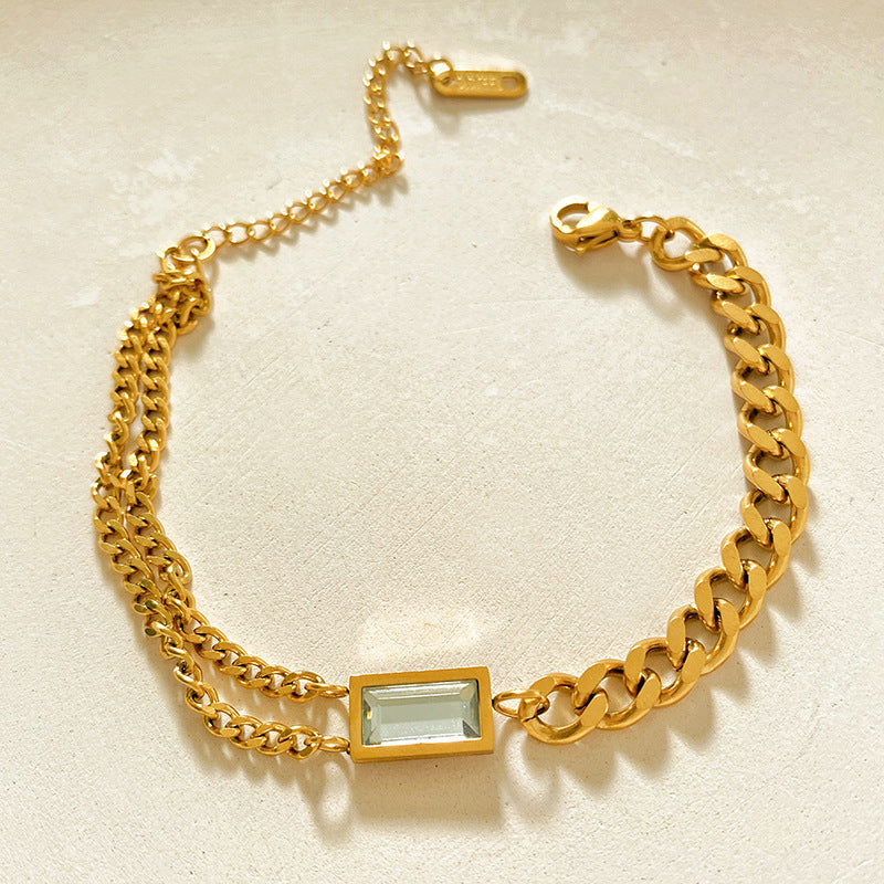 Micro-Set Cubic Zirconia Square Plated Titanium Steel Double Layer Bracelet Unisex