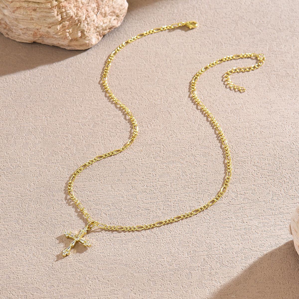 Geometric Cross Cubic Zirconia Inlay Gold Plated Brass Necklace for Women