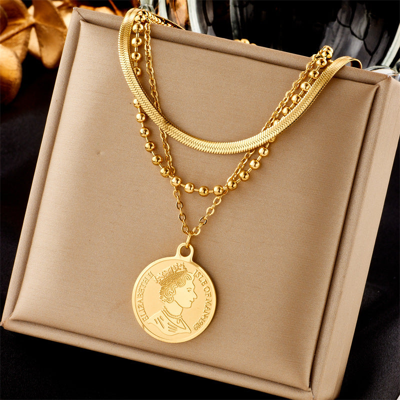 Vintage Luxury Gold Plated Heart Butterfly Round Stainless Steel Necklace with Pearl Multi-Layer
