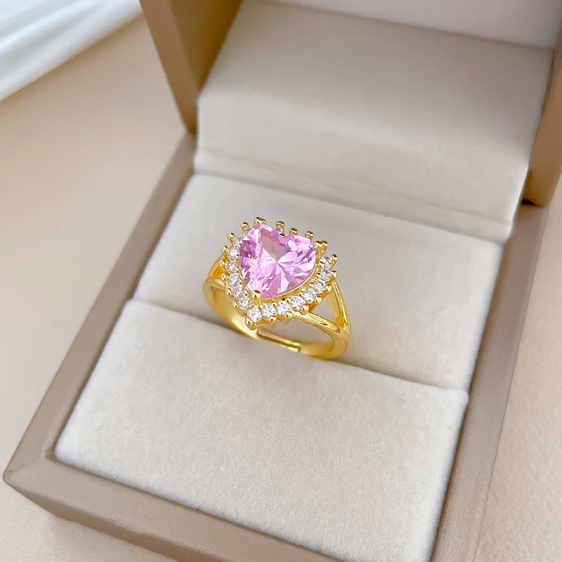 Heart-Shaped Pink Adjustable Ring Brass Plated Kawaii Fresh and Sweet Women's Band