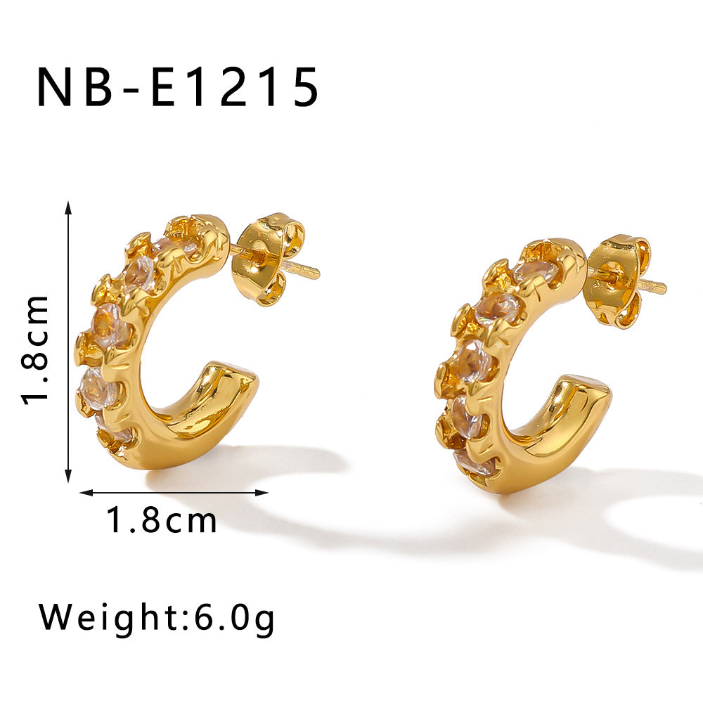 Geometric Stainless Steel Earrings with 18K Gold Plating and Cubic Zirconia Inlay for Women