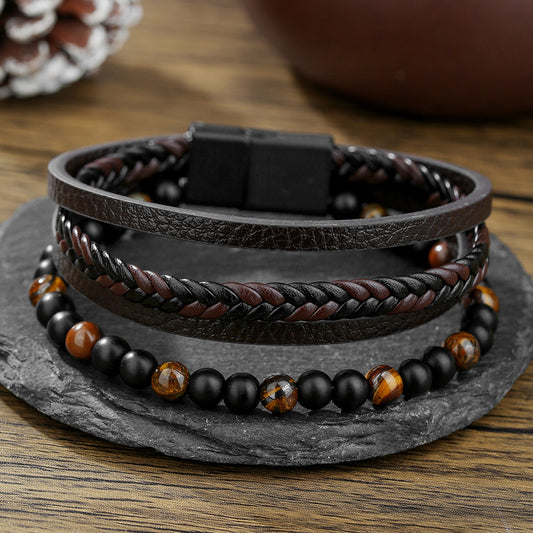Men's Woven Leather Bracelet with Natural Black Agate and Tiger's Eye Beads Geometric Round Multi-layer Clasp
