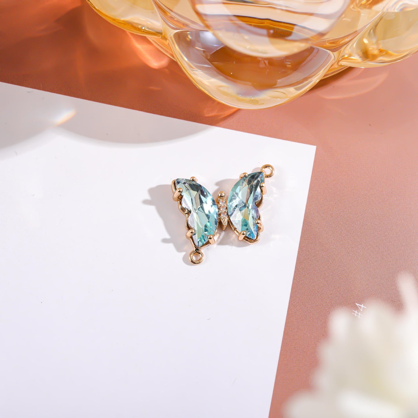 Sweet Gradient Glitter Crystal Butterfly Double Pendant Brass Plated Charm Bar