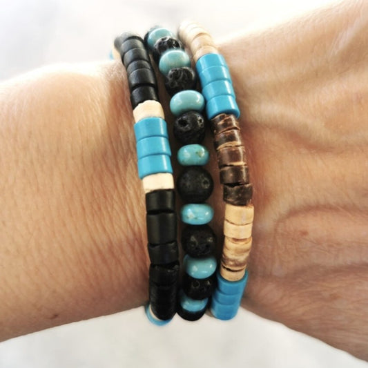 Vintage Handmade Round Wood Agate Turquoise Beaded Bracelet