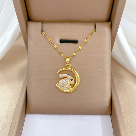 Cartoon Style Moon and Rabbit Shaped Titanium Steel Necklace with Rhinestone Inlay, Geometric Pendant, Fresh and Sweet Design for Women