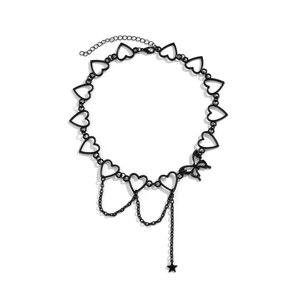 Sweet and Edgy Asymmetrical Heart Butterfly Star Pendant Necklace with Rhinestone Accents on Cross Chain for Women
