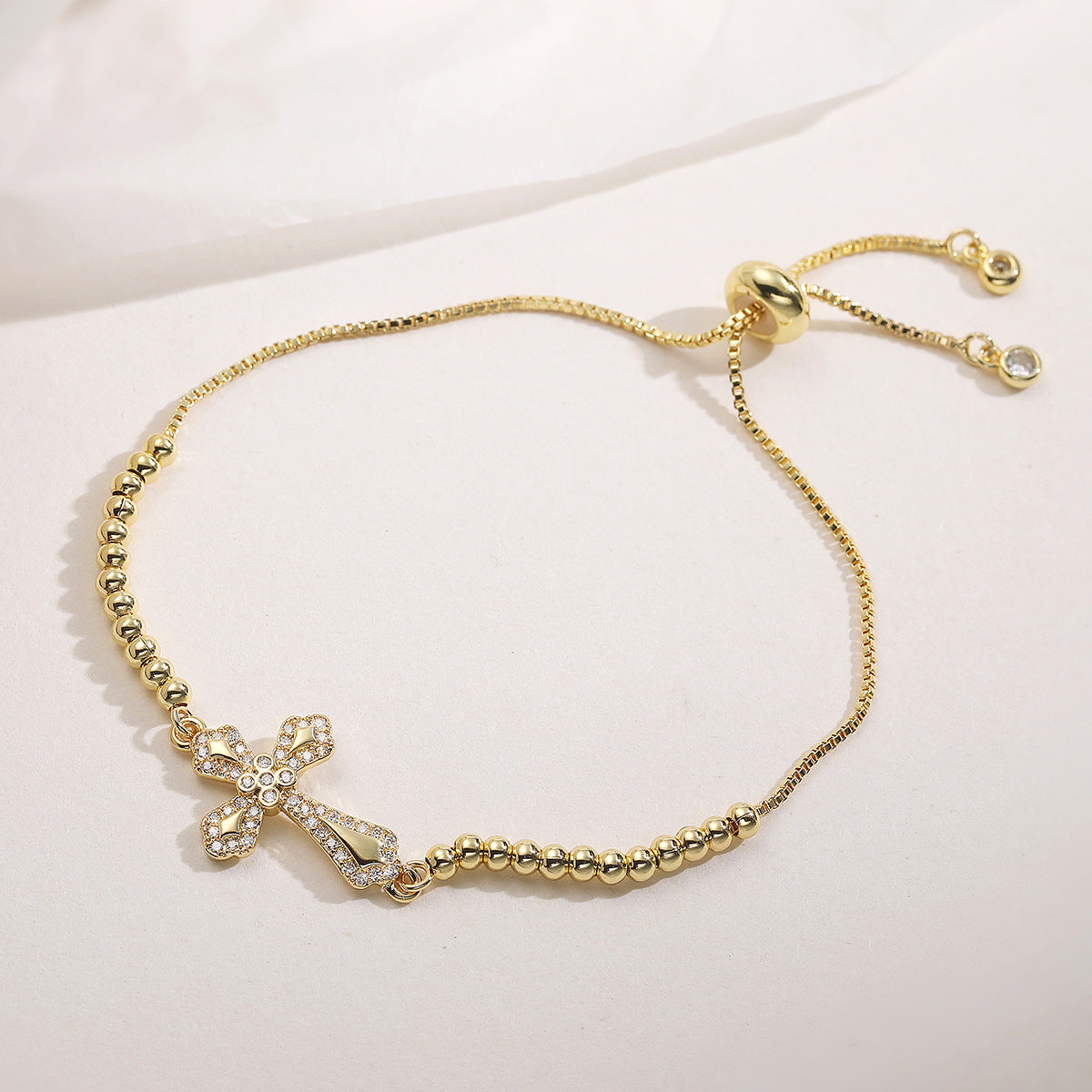 Minimalist Elegant 18K Gold Plated Brass Cross Bracelet with Cubic Zirconia Inlay for Women