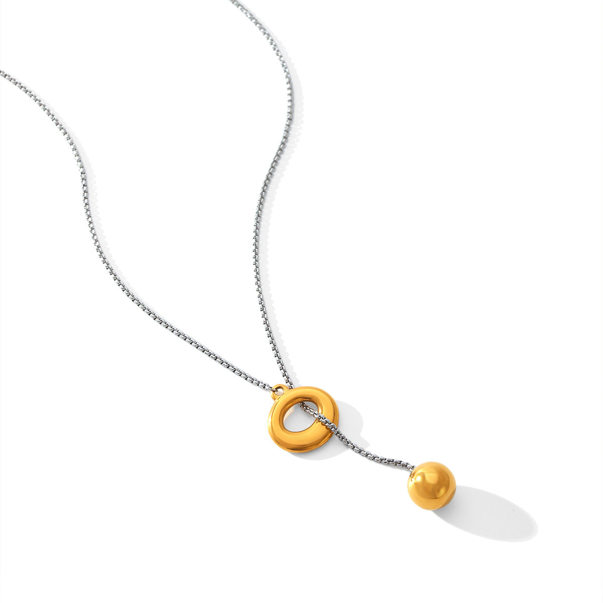 Collana a Sfera Geometrica Minimalista da Donna in Acciaio Inossidabile con Dettagli in Acciaio al Titanio e Finitura Placcata su Catena Box